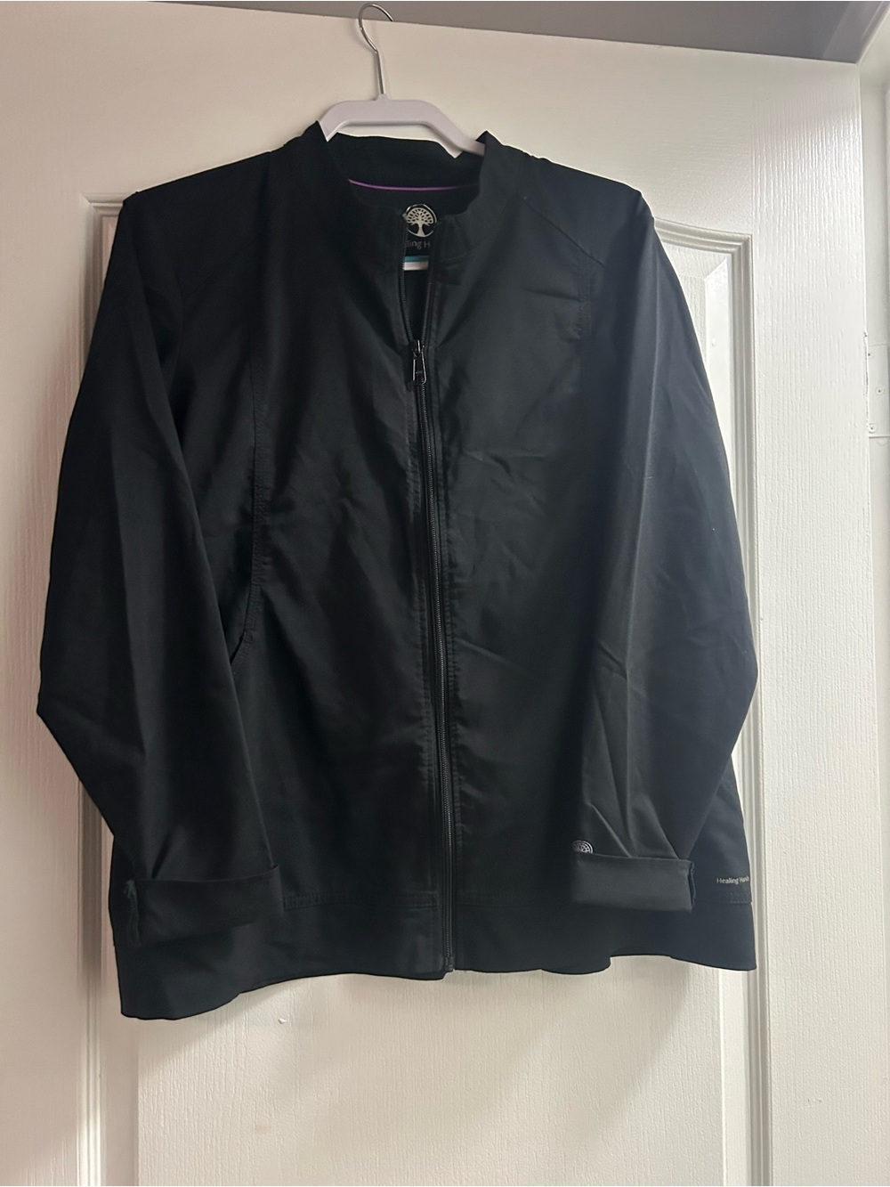 healing hands Scrub Black Lightweight Zip Jacket with Band Collar